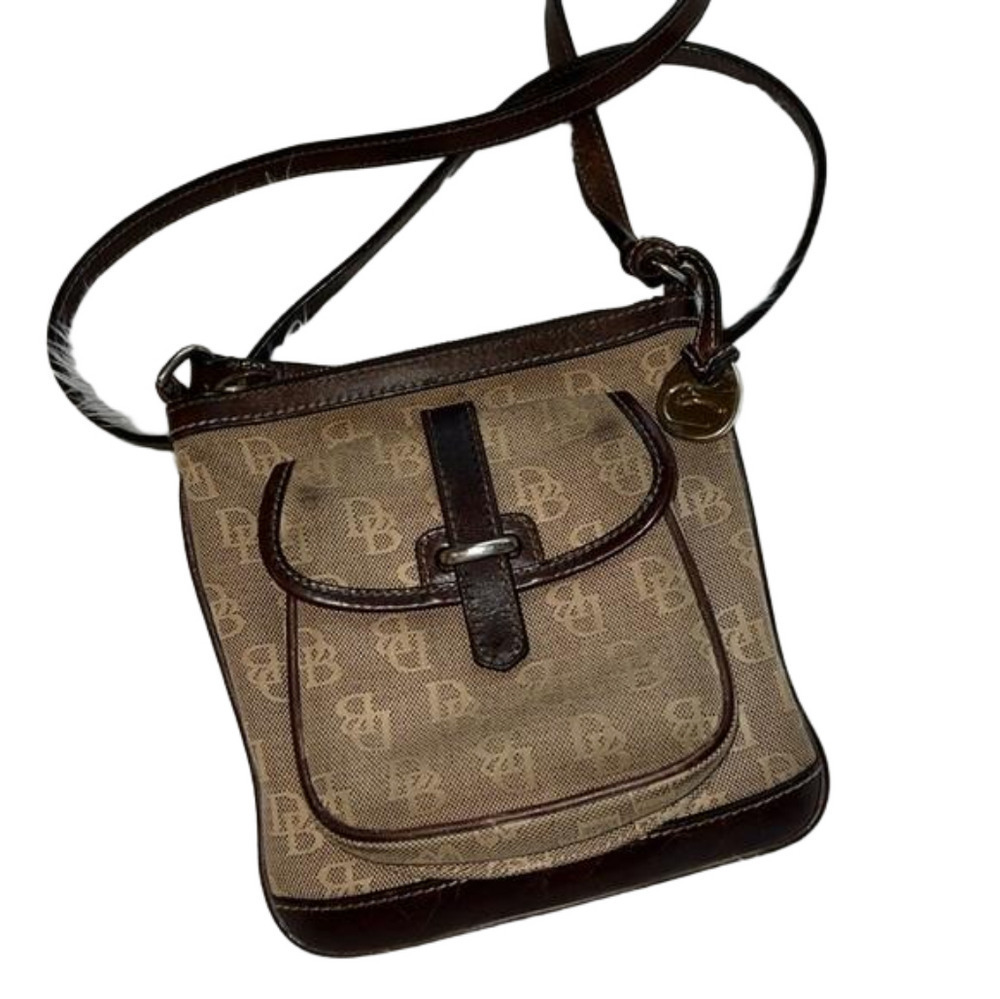 Dooney & Bourke DB Logo Letter Carrier Canvas Leather Crossbody Bag Brown